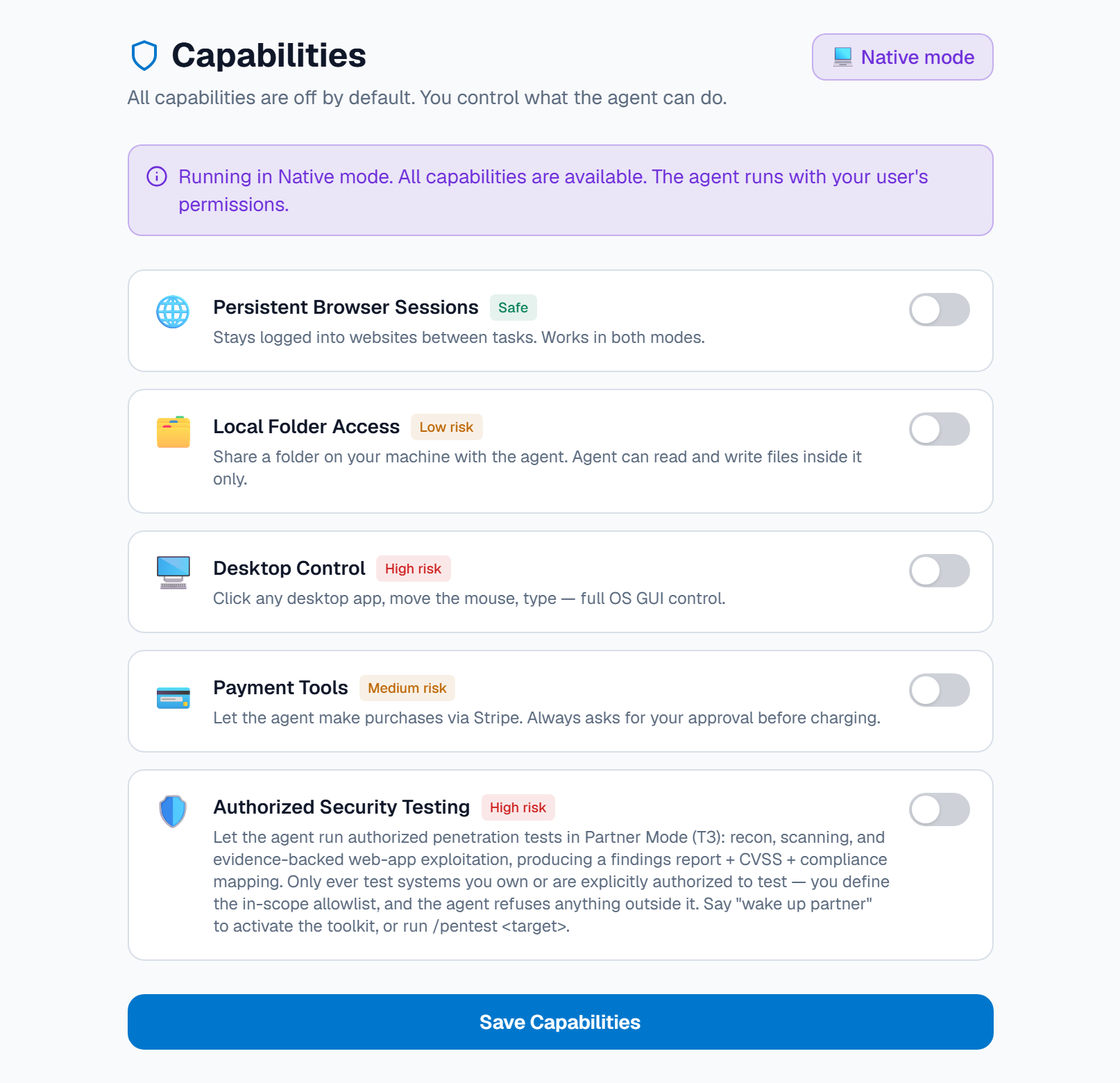 Capabilities screen with switches, all off by default