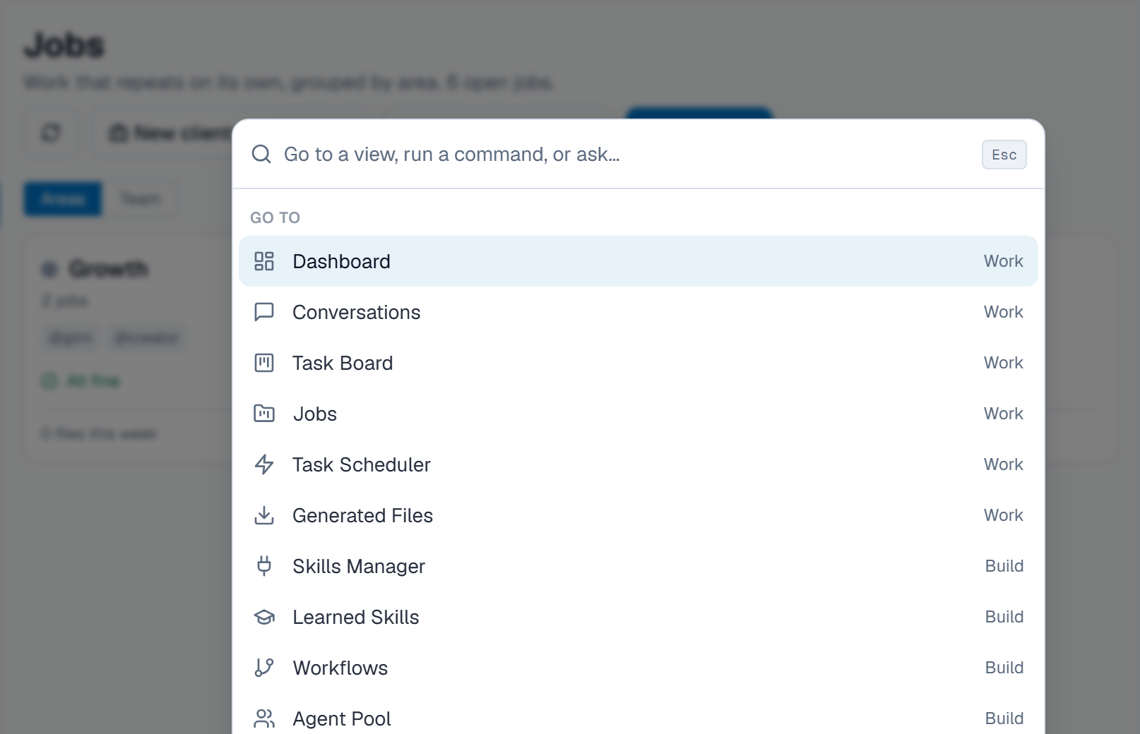 The Ctrl+K command bar listing views and chat commands