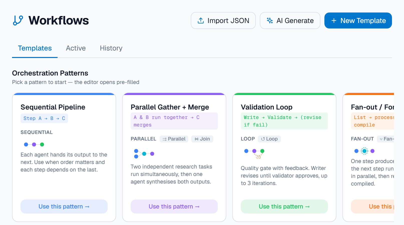 Workflows screen with orchestration patterns